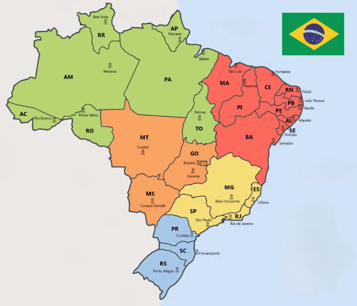 Mapa do Brasil com os estados em destaque